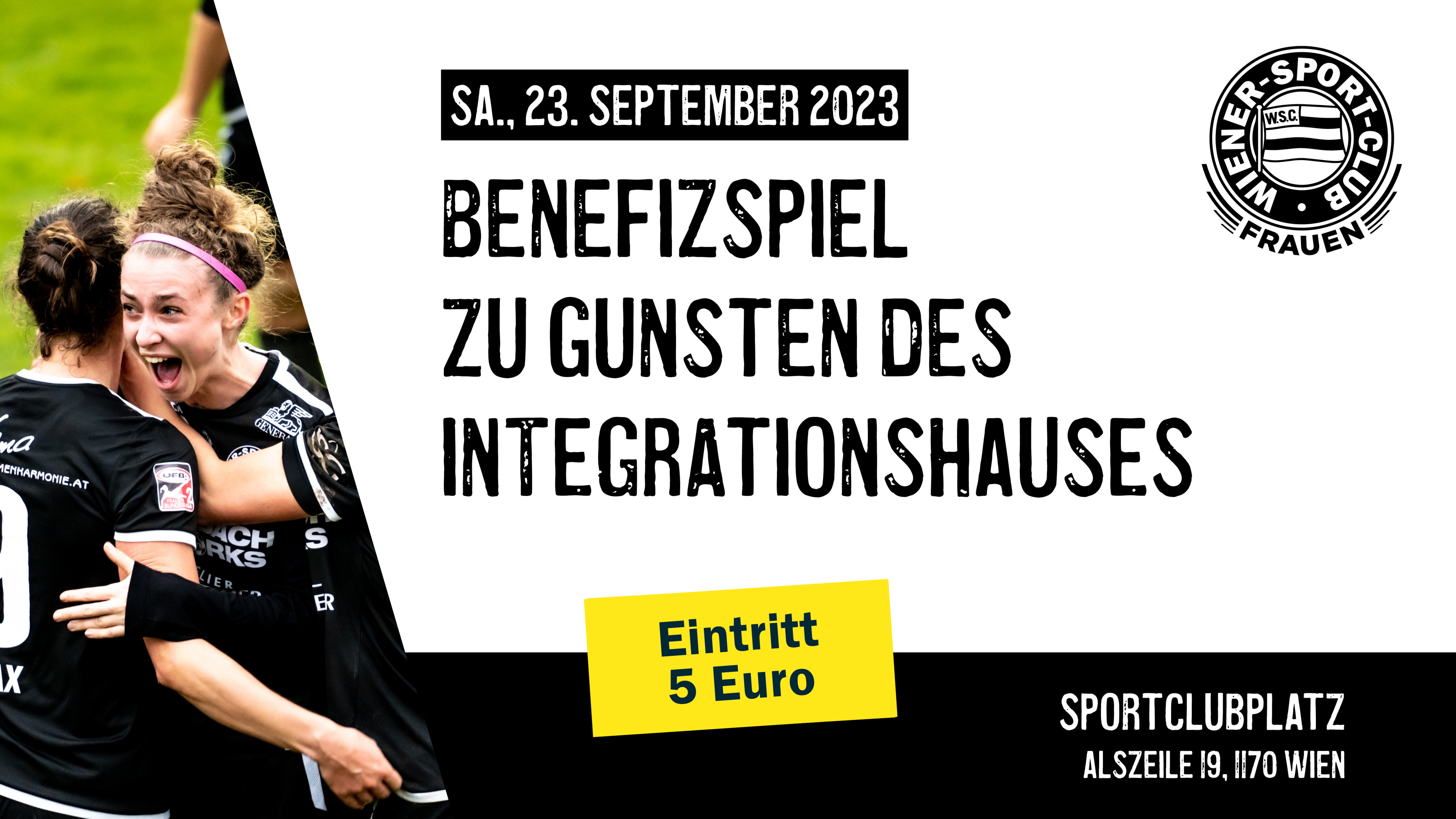 Bild mit Fußballspielerinnen und der Bewerbung des Benefizspiels des Wiener Sport-Clubs